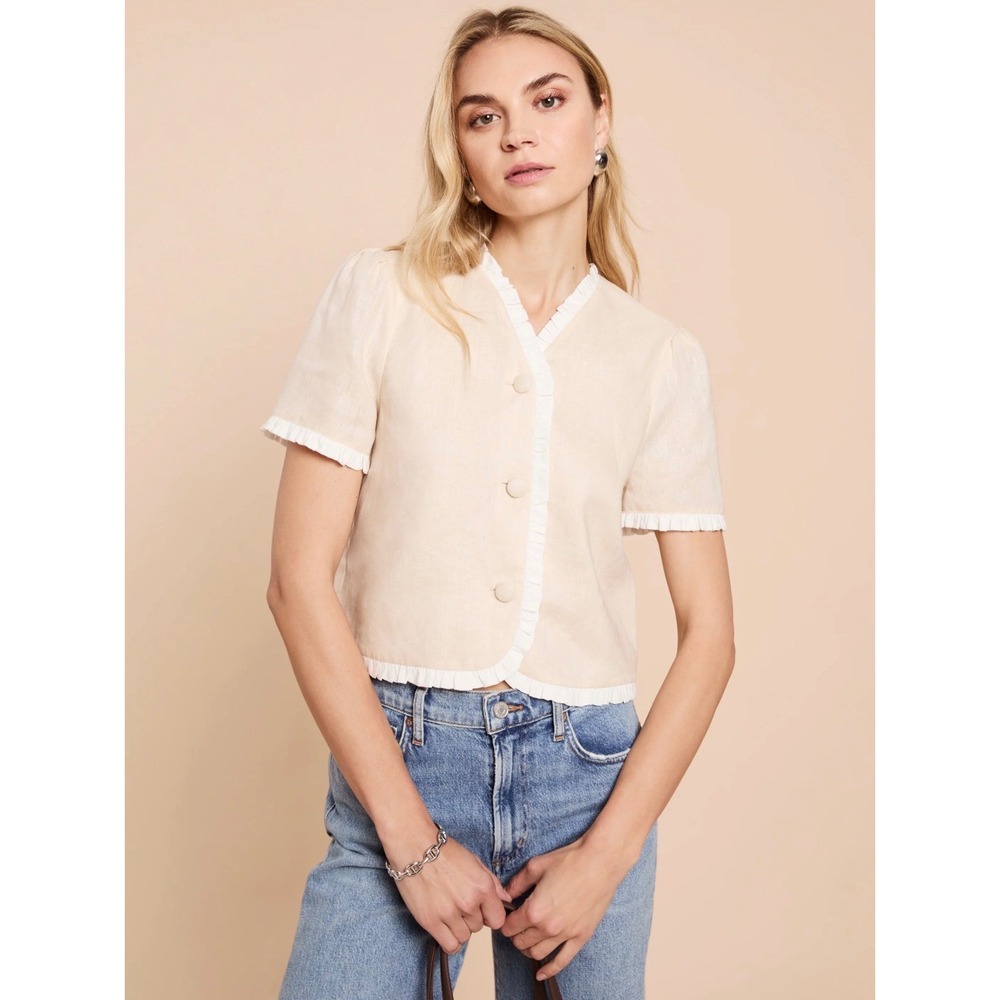 Kourt Women Beige Linen Ruffle Trim Crop Top V-Neck Short Sleeve XS K25WTPS1193G